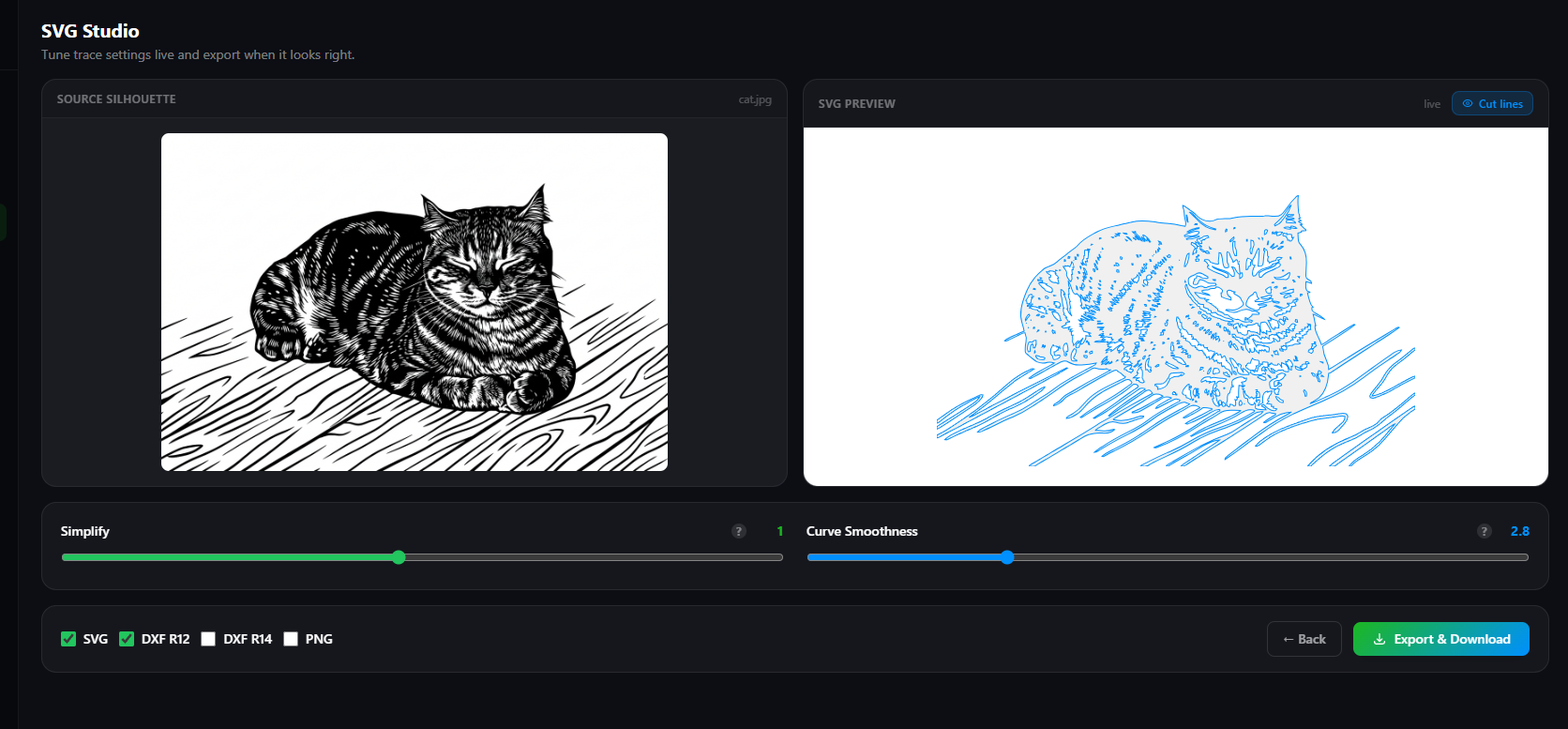 SVG Studio — live trace preview with cut line overlay